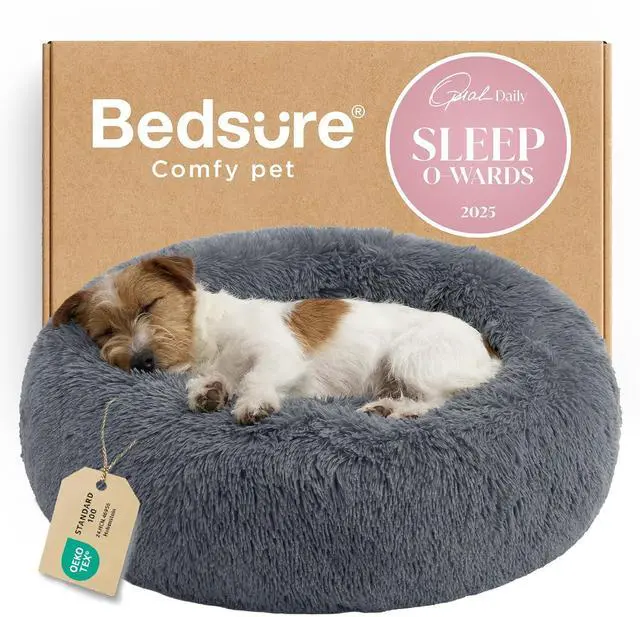 Main image of Calming Small Medium Dog Bed Donut Washable Puppy Bed,27ins | Fluffy Faux Fur Round Cuddler,Anti-Slip Bottom,Anti-Anxiety,Deep Sleeping for Pets Up to 35 Lbs,Dark Grey