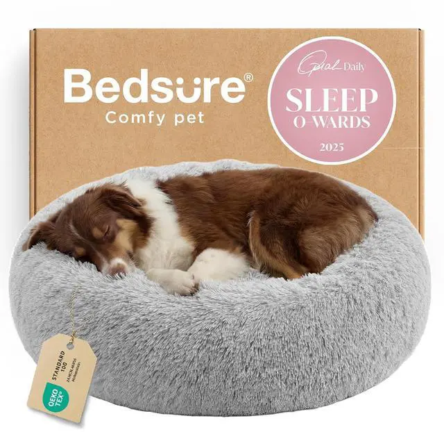 Main image of Calming Dog Beds Large Sized Dog Donut Washable Pet Bed,36ins | Fluffy Faux Fur Round Cuddler,with Removable Washable Cover,Anti-Slip Bottom,Anti-Anxiety,for Pets Up to 80 Lbs Pale Grey
