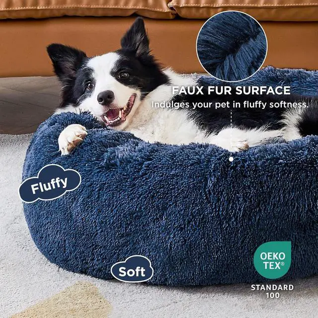 Alt view image 2 of 6 - Calming Dog Beds Large Sized Dog Donut Washable Pet Bed,36ins Navy | Fluffy Faux Fur Round Cuddler,with Removable Washable Cover,Anti-Slip Bottom,Anti-Anxiety,Deep Sleeping for Pets Up to 80 Lbs