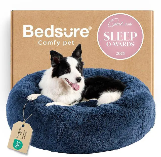 Main image of Calming Dog Beds Large Sized Dog Donut Washable Pet Bed,36ins Navy | Fluffy Faux Fur Round Cuddler,with Removable Washable Cover,Anti-Slip Bottom,Anti-Anxiety,Deep Sleeping for Pets Up to 80 Lbs