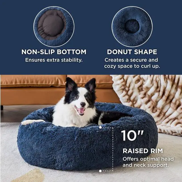 Alt view image 3 of 6 - Calming Dog Beds Large Sized Dog Donut Washable Pet Bed,36ins Navy | Fluffy Faux Fur Round Cuddler,with Removable Washable Cover,Anti-Slip Bottom,Anti-Anxiety,Deep Sleeping for Pets Up to 80 Lbs