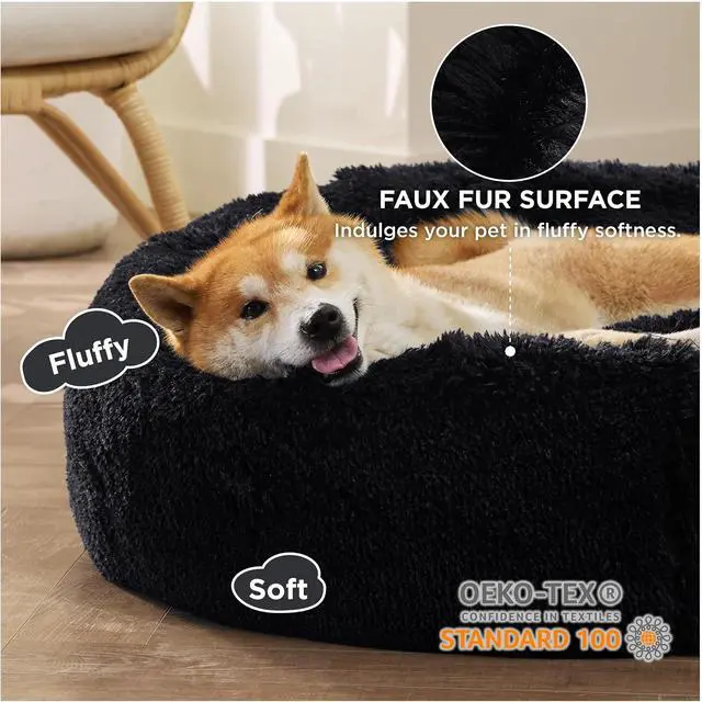 Alt view image 2 of 6 - Calming Dog Bed Medium Size Dog Donut Washable Pet Bed,30ins Black | Fluffy Faux Fur Round Cuddler,Machine Washable,Anti-Slip Bottom,Anti-Anxiety,Deep Sleeping for Pets Up to 45 Lbs