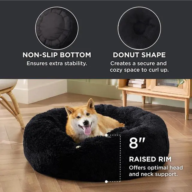 Alt view image 3 of 6 - Calming Dog Bed Medium Size Dog Donut Washable Pet Bed,30ins Black | Fluffy Faux Fur Round Cuddler,Machine Washable,Anti-Slip Bottom,Anti-Anxiety,Deep Sleeping for Pets Up to 45 Lbs