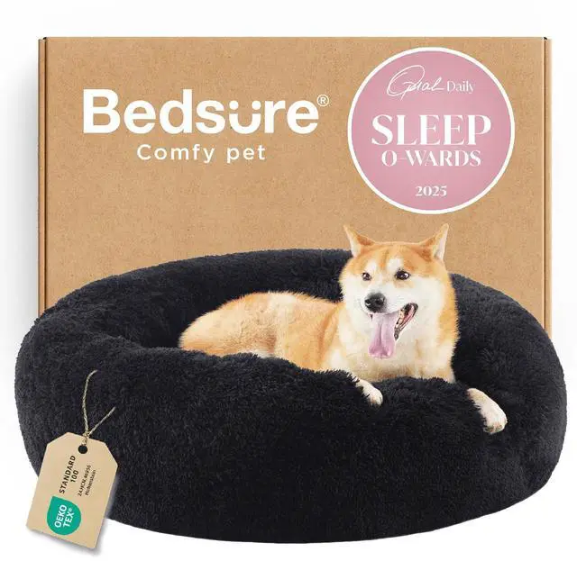Main image of Calming Dog Bed Medium Size Dog Donut Washable Pet Bed,30ins Black | Fluffy Faux Fur Round Cuddler,Machine Washable,Anti-Slip Bottom,Anti-Anxiety,Deep Sleeping for Pets Up to 45 Lbs