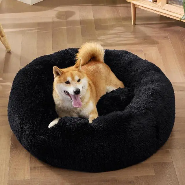 Alt view image 4 of 6 - Calming Dog Bed Medium Size Dog Donut Washable Pet Bed,30ins Black | Fluffy Faux Fur Round Cuddler,Machine Washable,Anti-Slip Bottom,Anti-Anxiety,Deep Sleeping for Pets Up to 45 Lbs