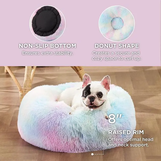 Alt view image 3 of 6 - Calming Small Dog Bed Donut Washable CatPuppy Bed,23 inches | Fluffy Faux Fur Round Cuddler,Anti-Slip Bottom,Anti-Anxiety,Deep Sleeping for Large Cat & Pets Up to 25 Lbs,Multi Color