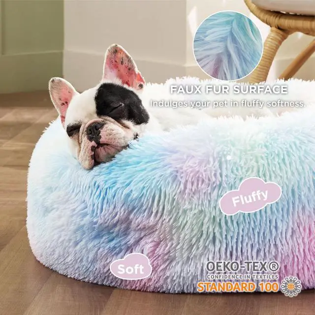 Alt view image 2 of 6 - Calming Small Dog Bed Donut Washable CatPuppy Bed,23 inches | Fluffy Faux Fur Round Cuddler,Anti-Slip Bottom,Anti-Anxiety,Deep Sleeping for Large Cat & Pets Up to 25 Lbs,Multi Color