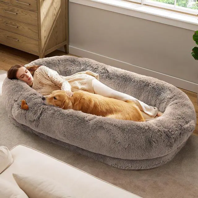 Main image of Human Dog Bed for Adult, Plush Giant Calming Nest Bed Orthopedic | 71" Human Size Dog Bed Washable with Storage Pocket, Supportive Bolster, Egg Foam, Non-Slip Bottom, Fluffy Faux Fur, Brown