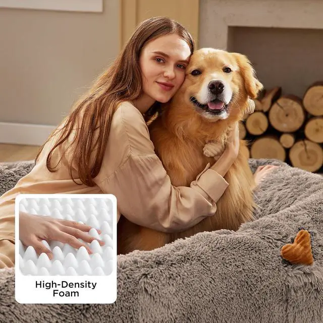 Alt view image 2 of 7 - Human Dog Bed for Adult, Plush Giant Calming Nest Bed Orthopedic | 71" Human Size Dog Bed Washable with Storage Pocket, Supportive Bolster, Egg Foam, Non-Slip Bottom, Fluffy Faux Fur, Brown