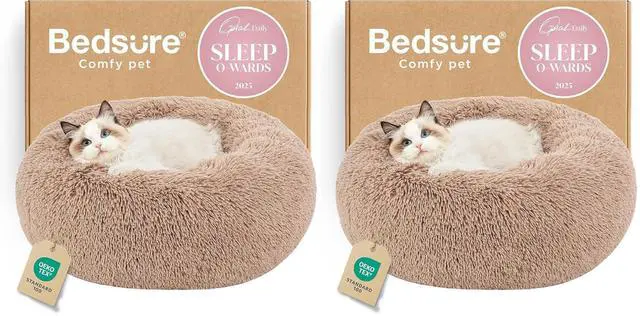 Main image of Calming Cat Beds Donut Round Washable Kitten Bed,20 inches 2 Pack | Fluffy Faux Fur Cuddler,Anti-Slip Bottom,Anti-Anxiety,Deep Sleeping for Cats&Small Pets Up to 15 Lbs