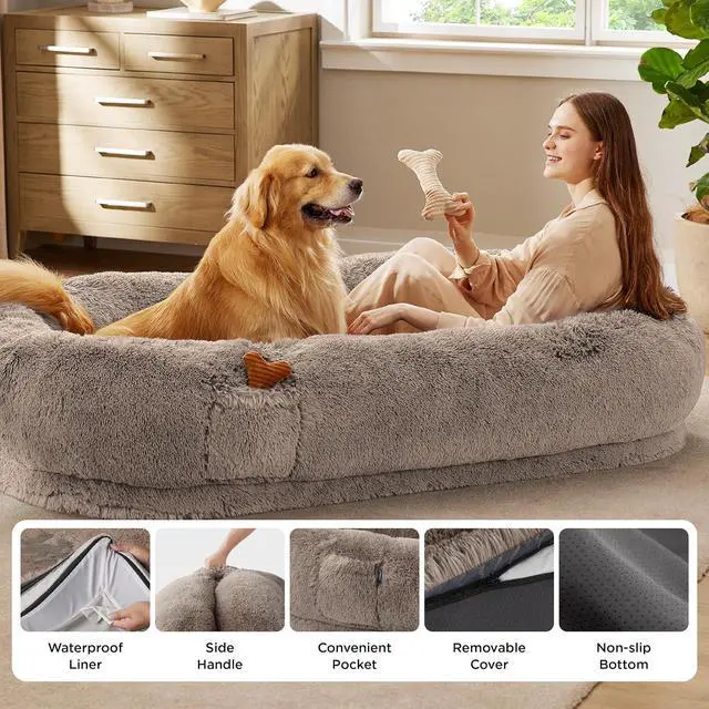 Alt view image 6 of 7 - Human Dog Bed for Adult, Plush Giant Calming Nest Bed Orthopedic | 71" Human Size Dog Bed Washable with Storage Pocket, Supportive Bolster, Egg Foam, Non-Slip Bottom, Fluffy Faux Fur, Brown
