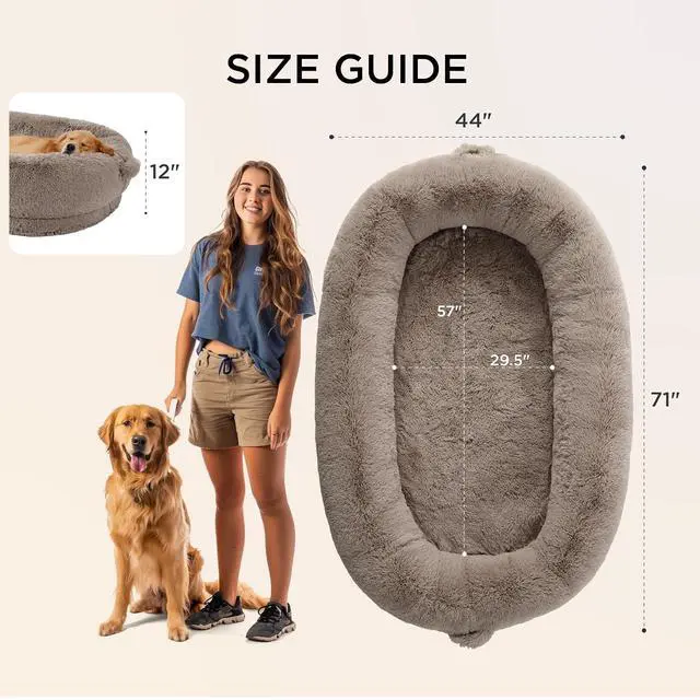 Alt view image 7 of 7 - Human Dog Bed for Adult, Plush Giant Calming Nest Bed Orthopedic | 71" Human Size Dog Bed Washable with Storage Pocket, Supportive Bolster, Egg Foam, Non-Slip Bottom, Fluffy Faux Fur, Brown