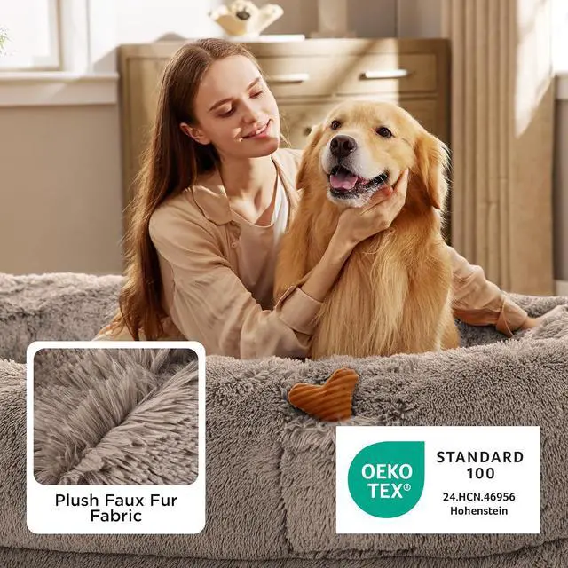 Alt view image 5 of 7 - Human Dog Bed for Adult, Plush Giant Calming Nest Bed Orthopedic | 71" Human Size Dog Bed Washable with Storage Pocket, Supportive Bolster, Egg Foam, Non-Slip Bottom, Fluffy Faux Fur, Brown