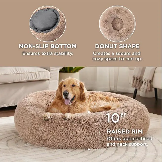 Alt view image 3 of 7 - Calming XL Dog Bed Donut Washable Extra Large Pet Bed,45ins Camel | Oprah Daily Award,Fluffy Faux Fur Round Cuddler,Anti-Slip Bottom,Anti-Anxiety,Deep Sleep for Pets Up to 120 Lbs
