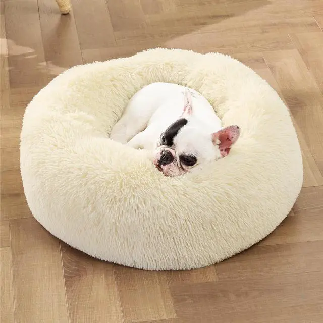Alt view image 4 of 7 - Calming Small Medium Dog Bed Donut Washable Puppy Bed,27ins Cream | Fluffy Faux Fur Round Cuddler,Machine Washable,Anti-Slip Bottom,Anti-Anxiety,Deep Sleeping for Pets Up to 35 Lbs