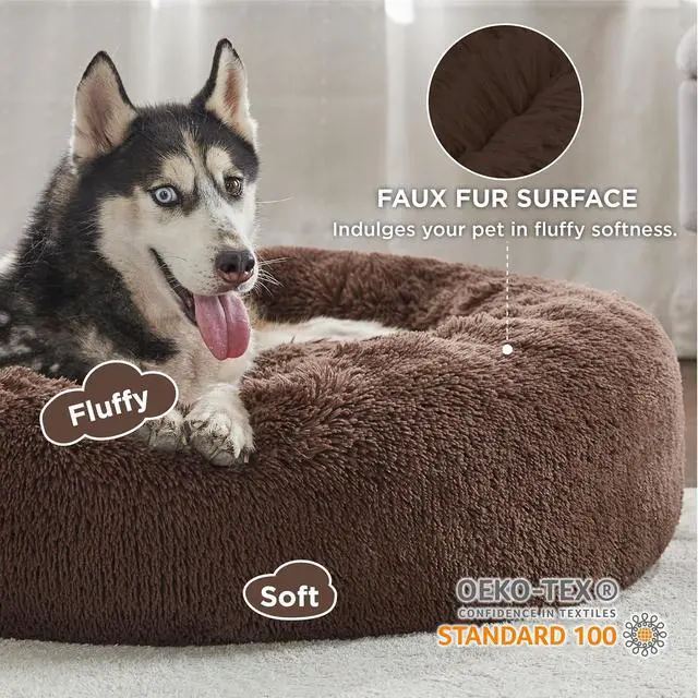Alt view image 2 of 6 - Calming Dog Beds Large Sized Dog Donut Washable Pet Bed,36in Coffee | Fluffy Faux Fur Round Cuddler,with Removable Washable Cover,Anti-Slip Bottom,Anti-Anxiety,Deep Sleeping for Pets Up to 80 Lbs