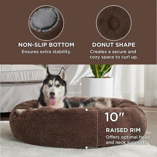 Alt view image 3 of 6 - Calming Dog Beds Large Sized Dog Donut Washable Pet Bed,36in Coffee | Fluffy Faux Fur Round Cuddler,with Removable Washable Cover,Anti-Slip Bottom,Anti-Anxiety,Deep Sleeping for Pets Up to 80 Lbs