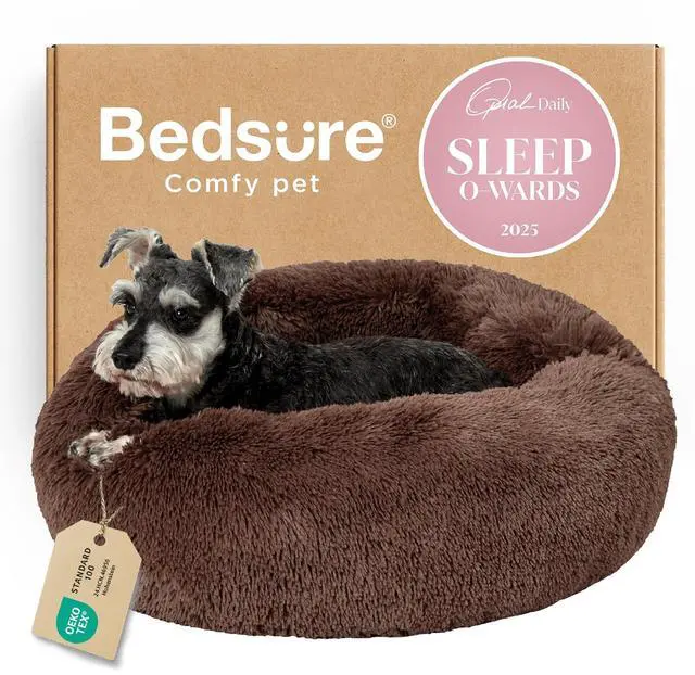 Main image of Calming Small Medium Dog Bed Donut Washable Puppy Bed,27ins Coffee | Fluffy Faux Fur Round Cuddler,Machine Washable,Anti-Slip Bottom,Anti-Anxiety,Deep Sleeping for Pets Up to 35 Lbs