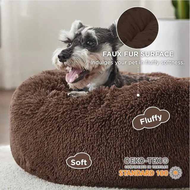 Alt view image 2 of 6 - Calming Small Medium Dog Bed Donut Washable Puppy Bed,27ins Coffee | Fluffy Faux Fur Round Cuddler,Machine Washable,Anti-Slip Bottom,Anti-Anxiety,Deep Sleeping for Pets Up to 35 Lbs