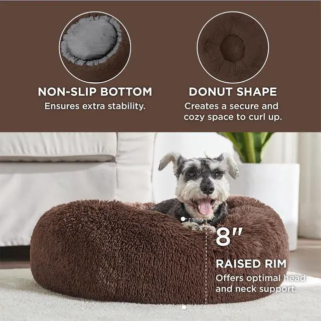 Alt view image 3 of 6 - Calming Small Medium Dog Bed Donut Washable Puppy Bed,27ins Coffee | Fluffy Faux Fur Round Cuddler,Machine Washable,Anti-Slip Bottom,Anti-Anxiety,Deep Sleeping for Pets Up to 35 Lbs