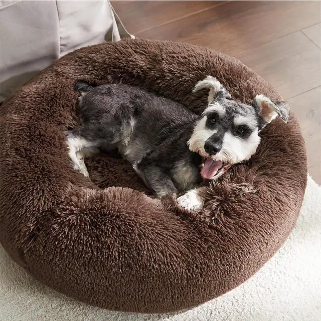 Alt view image 4 of 6 - Calming Small Medium Dog Bed Donut Washable Puppy Bed,27ins Coffee | Fluffy Faux Fur Round Cuddler,Machine Washable,Anti-Slip Bottom,Anti-Anxiety,Deep Sleeping for Pets Up to 35 Lbs