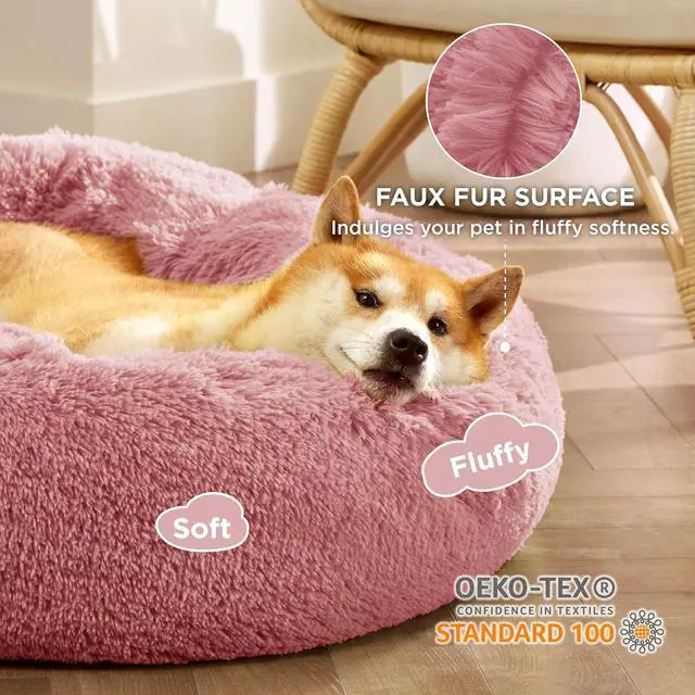 Alt view image 2 of 6 - Calming Dog Bed Medium Size Dog Donut Washable Pet Bed,30ins | Fluffy Faux Fur Round Cuddler,Machine Washable,Anti-Slip Bottom,Anti-Anxiety,Deep Sleeping for Pets Up to 45 Lbs,Mauve Blush