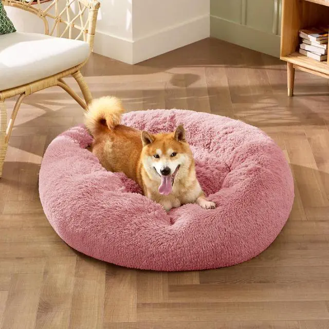 Alt view image 4 of 6 - Calming Dog Bed Medium Size Dog Donut Washable Pet Bed,30ins | Fluffy Faux Fur Round Cuddler,Machine Washable,Anti-Slip Bottom,Anti-Anxiety,Deep Sleeping for Pets Up to 45 Lbs,Mauve Blush