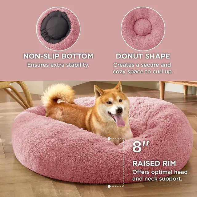 Alt view image 3 of 6 - Calming Dog Bed Medium Size Dog Donut Washable Pet Bed,30ins | Fluffy Faux Fur Round Cuddler,Machine Washable,Anti-Slip Bottom,Anti-Anxiety,Deep Sleeping for Pets Up to 45 Lbs,Mauve Blush