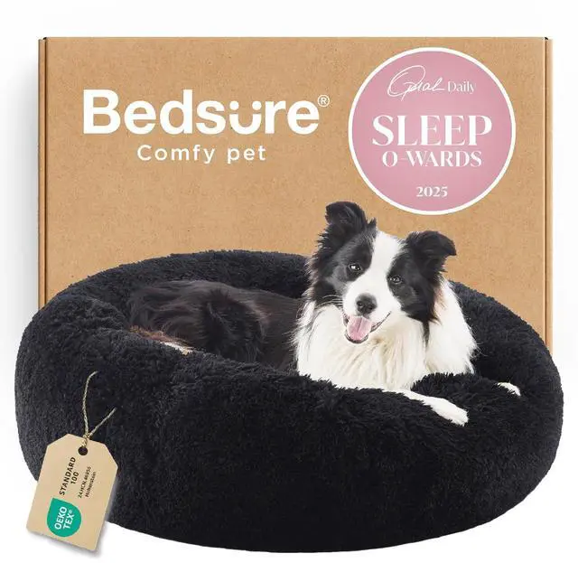 Main image of Calming Dog Beds Large Sized Dog Donut Washable Pet Bed,36ins Black | Fluffy Faux Fur Round Cuddler,with Removable Washable Cover,Anti-Slip Bottom,Anti-Anxiety,Deep Sleeping for Pets Up to 80 Lbs