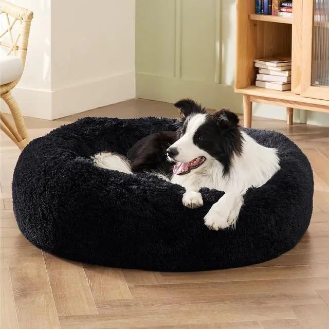 Alt view image 4 of 6 - Calming Dog Beds Large Sized Dog Donut Washable Pet Bed,36ins Black | Fluffy Faux Fur Round Cuddler,with Removable Washable Cover,Anti-Slip Bottom,Anti-Anxiety,Deep Sleeping for Pets Up to 80 Lbs