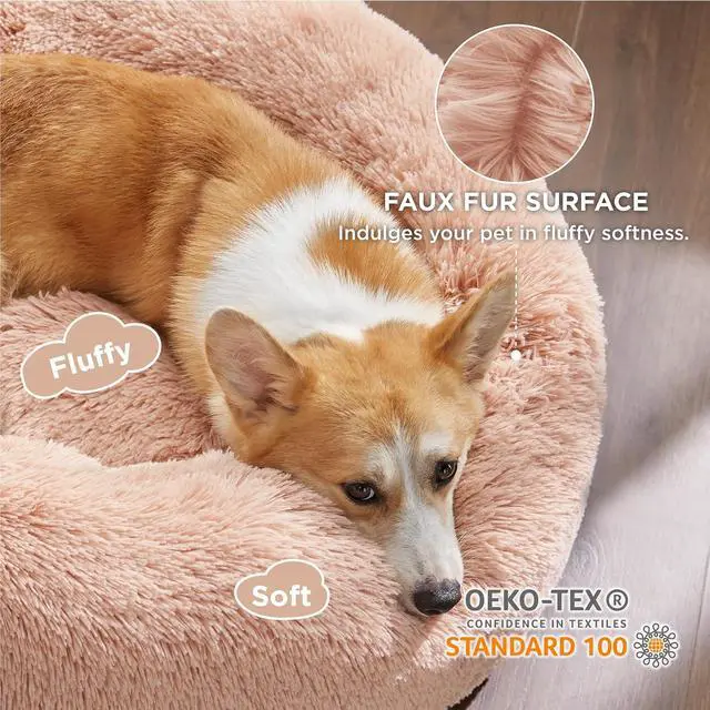 Alt view image 2 of 6 - Calming Dog Bed Medium Size Dog Donut Washable Pet Bed,30ins Pink | Fluffy Faux Fur Round Cuddler,Machine Washable,Anti-Slip Bottom,Anti-Anxiety,Deep Sleeping for Pets Up to 45 Lbs