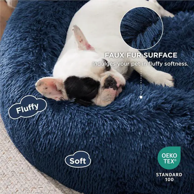Alt view image 2 of 6 - Calming Small Dog Bed Donut Washable CatPuppy Bed,23 inches Navy | Fluffy Faux Fur Round Cuddler,Machine Washable,Anti-Slip Bottom,Anti-Anxiety,Deep Sleeping for Large Cat & Pets Up to 25 Lbs