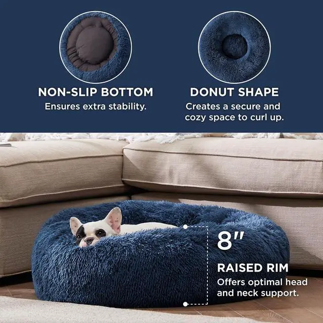 Alt view image 3 of 6 - Calming Small Dog Bed Donut Washable CatPuppy Bed,23 inches Navy | Fluffy Faux Fur Round Cuddler,Machine Washable,Anti-Slip Bottom,Anti-Anxiety,Deep Sleeping for Large Cat & Pets Up to 25 Lbs