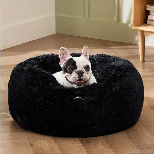 Alt view image 4 of 6 - Calming Small Medium Dog Bed Donut Washable Puppy Bed,27ins Black | Fluffy Faux Fur Round Cuddler,Machine Washable,Anti-Slip Bottom,Anti-Anxiety,Deep Sleeping for Pets Up to 35 Lbs
