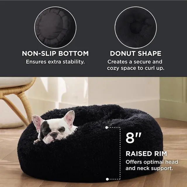 Alt view image 3 of 6 - Calming Small Medium Dog Bed Donut Washable Puppy Bed,27ins Black | Fluffy Faux Fur Round Cuddler,Machine Washable,Anti-Slip Bottom,Anti-Anxiety,Deep Sleeping for Pets Up to 35 Lbs