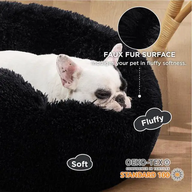 Alt view image 2 of 6 - Calming Small Medium Dog Bed Donut Washable Puppy Bed,27ins Black | Fluffy Faux Fur Round Cuddler,Machine Washable,Anti-Slip Bottom,Anti-Anxiety,Deep Sleeping for Pets Up to 35 Lbs