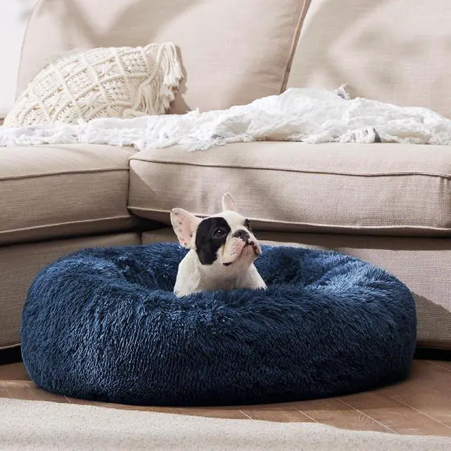 Alt view image 4 of 6 - Calming Small Dog Bed Donut Washable CatPuppy Bed,23 inches Navy | Fluffy Faux Fur Round Cuddler,Machine Washable,Anti-Slip Bottom,Anti-Anxiety,Deep Sleeping for Large Cat & Pets Up to 25 Lbs