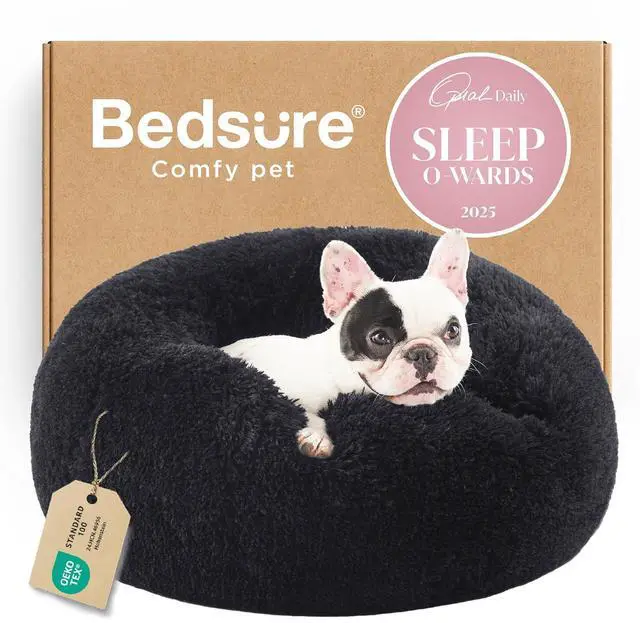 Main image of Calming Small Medium Dog Bed Donut Washable Puppy Bed,27ins Black | Fluffy Faux Fur Round Cuddler,Machine Washable,Anti-Slip Bottom,Anti-Anxiety,Deep Sleeping for Pets Up to 35 Lbs