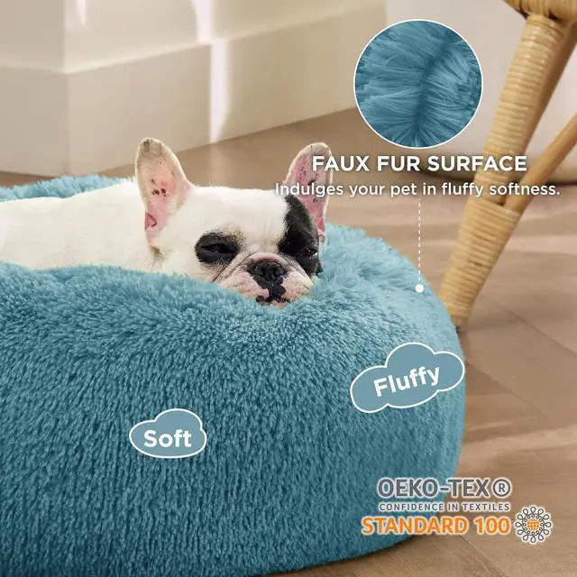 Alt view image 2 of 6 - Calming Small Dog Bed Donut Washable CatPuppy Bed,23 inches | Fluffy Faux Fur Round Cuddler,Anti-Slip Bottom,Anti-Anxiety,Deep Sleeping for Large Cat & Pets Up to 25 Lbs,Washed Blue
