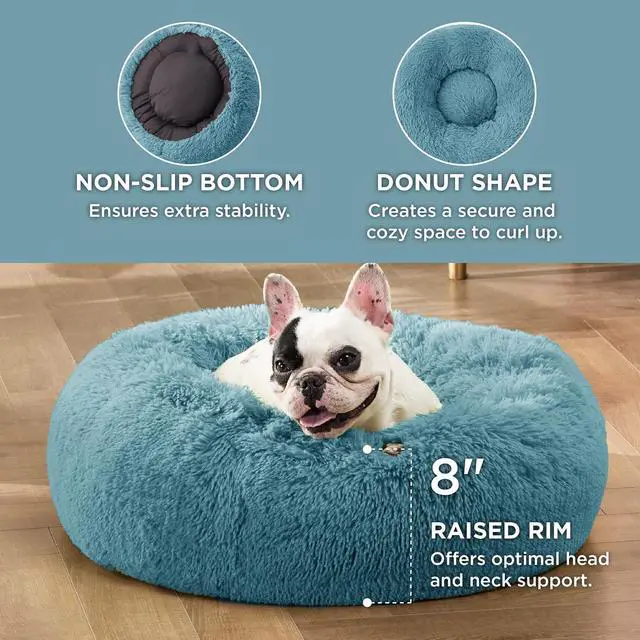 Alt view image 3 of 6 - Calming Small Dog Bed Donut Washable CatPuppy Bed,23 inches | Fluffy Faux Fur Round Cuddler,Anti-Slip Bottom,Anti-Anxiety,Deep Sleeping for Large Cat & Pets Up to 25 Lbs,Washed Blue