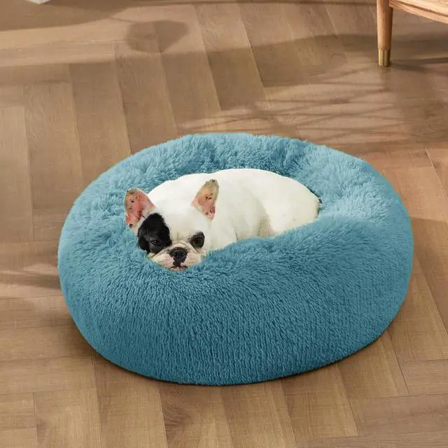 Alt view image 4 of 6 - Calming Small Dog Bed Donut Washable CatPuppy Bed,23 inches | Fluffy Faux Fur Round Cuddler,Anti-Slip Bottom,Anti-Anxiety,Deep Sleeping for Large Cat & Pets Up to 25 Lbs,Washed Blue