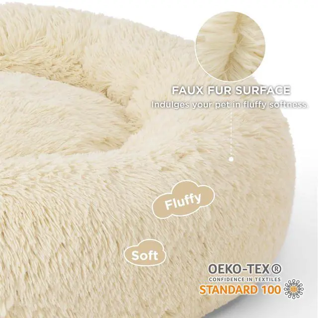 Alt view image 2 of 7 - Calming Dog Beds Large Sized Dog Donut Washable Pet Bed,36ins | Fluffy Faux Fur Round Cuddler,with Removable Washable Cover,Anti-Slip Bottom,Anti-Anxiety,for Pets Up to 80 Lbs Ivory Beige