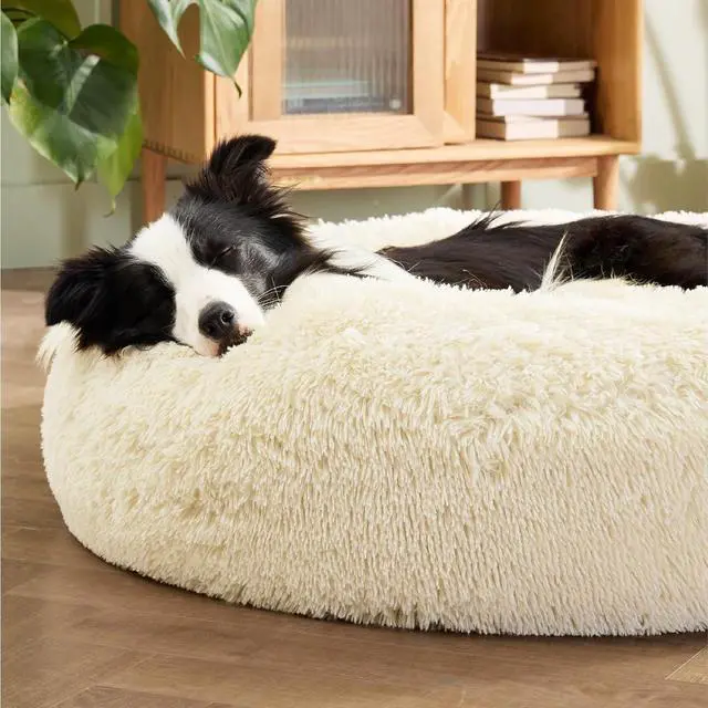 Alt view image 4 of 7 - Calming Dog Beds Large Sized Dog Donut Washable Pet Bed,36ins | Fluffy Faux Fur Round Cuddler,with Removable Washable Cover,Anti-Slip Bottom,Anti-Anxiety,for Pets Up to 80 Lbs Ivory Beige