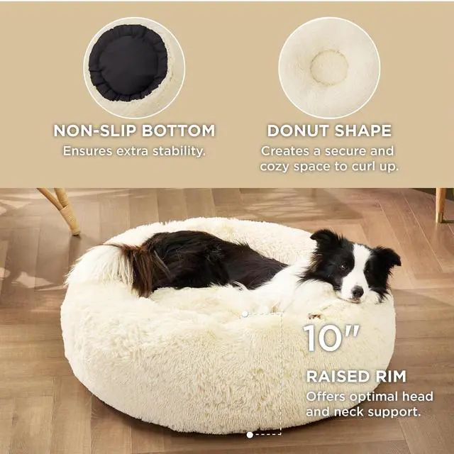 Alt view image 3 of 7 - Calming Dog Beds Large Sized Dog Donut Washable Pet Bed,36ins | Fluffy Faux Fur Round Cuddler,with Removable Washable Cover,Anti-Slip Bottom,Anti-Anxiety,for Pets Up to 80 Lbs Ivory Beige