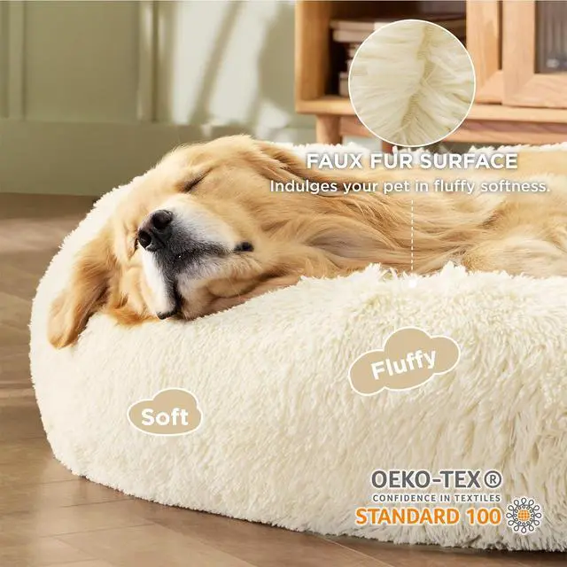 Alt view image 2 of 7 - Calming XL Dog Bed Donut Washable Extra Large Pet Bed,45ins | Fluffy Faux Fur Round Cuddler,Machine Washable,Anti-Slip Bottom,Anti-Anxiety,Deep Sleeping for Pets Up to 120 Lbs,Ivory Beige
