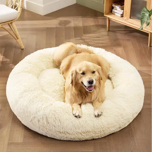 Alt view image 4 of 7 - Calming XL Dog Bed Donut Washable Extra Large Pet Bed,45ins | Fluffy Faux Fur Round Cuddler,Machine Washable,Anti-Slip Bottom,Anti-Anxiety,Deep Sleeping for Pets Up to 120 Lbs,Ivory Beige