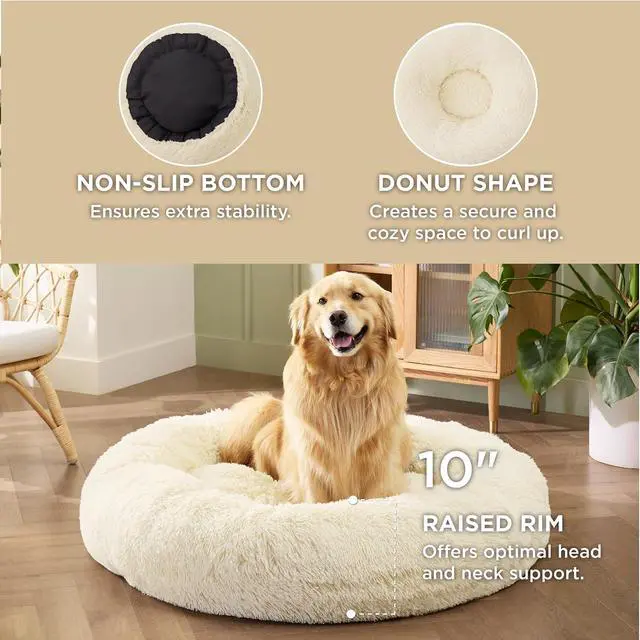 Alt view image 3 of 7 - Calming XL Dog Bed Donut Washable Extra Large Pet Bed,45ins | Fluffy Faux Fur Round Cuddler,Machine Washable,Anti-Slip Bottom,Anti-Anxiety,Deep Sleeping for Pets Up to 120 Lbs,Ivory Beige
