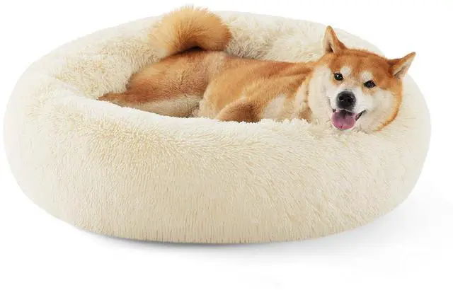 Main image of Calming Dog Bed Medium Size Dog Donut Washable Pet Bed,30ins | Fluffy Faux Fur Round Cuddler,Machine Washable,Anti-Slip Bottom,Anti-Anxiety,Deep Sleeping for Pets Up to 45 Lbs,Ivory Beige
