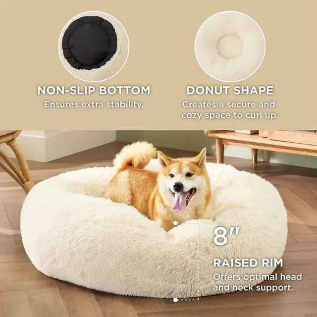 Alt view image 3 of 7 - Calming Dog Bed Medium Size Dog Donut Washable Pet Bed,30ins | Fluffy Faux Fur Round Cuddler,Machine Washable,Anti-Slip Bottom,Anti-Anxiety,Deep Sleeping for Pets Up to 45 Lbs,Ivory Beige