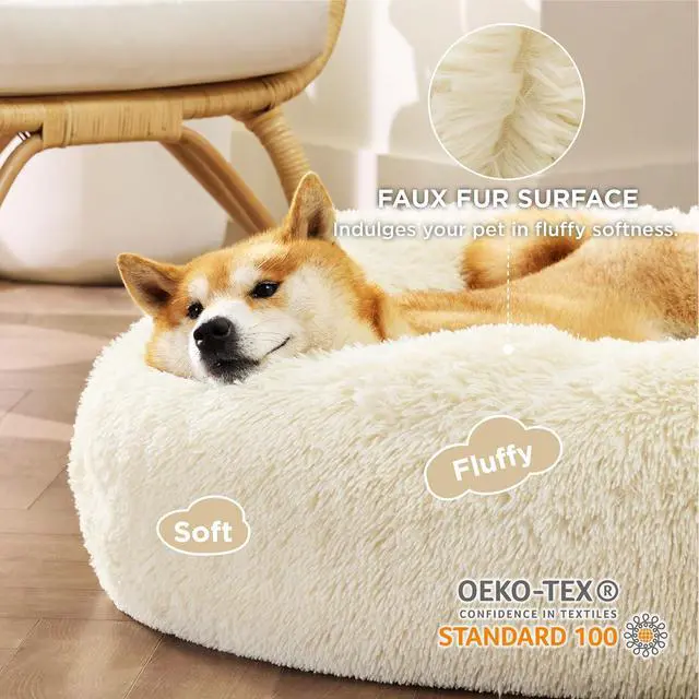 Alt view image 2 of 7 - Calming Dog Bed Medium Size Dog Donut Washable Pet Bed,30ins | Fluffy Faux Fur Round Cuddler,Machine Washable,Anti-Slip Bottom,Anti-Anxiety,Deep Sleeping for Pets Up to 45 Lbs,Ivory Beige